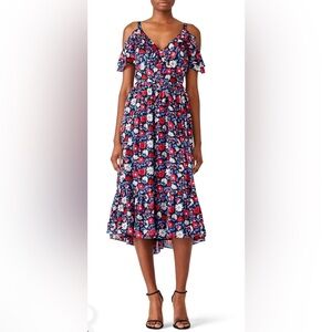 Kate Spade New York Navy Daisy Cutout Shoulder Silk Midi Dress Sz 2